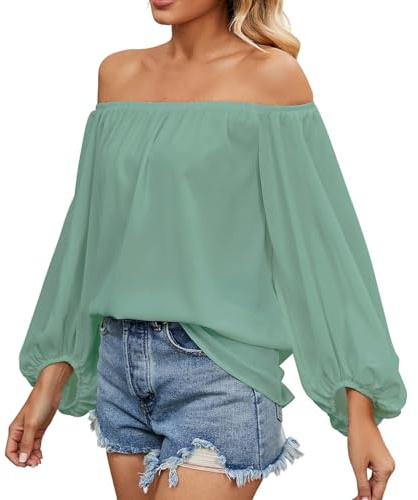 KBOPLEMQ Blusa con hombros descubiertos para mujer, manga larga, top sin hombros, blusa de verano de gasa sexy, oversize, casual, boho, túnica, blusa elegante tipo camisa, blusa casual de verano