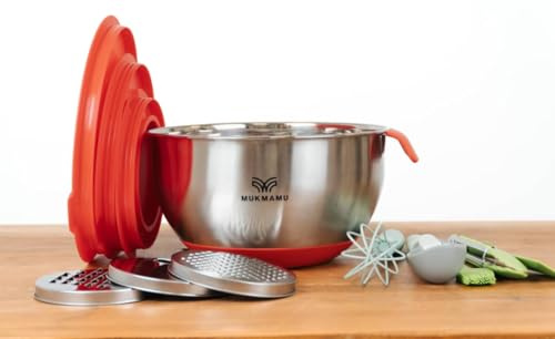 Mukmamu Mixing Bowl Set with Lids, Graters, Handles and Bonus Kitchen Tools – 3 Stainless Steel Bowls (1.5qt, 2.7qt, 4.5qt) with Silicone Bases – No-Slip, Easy Storage, Dishwasher Safe (Red)