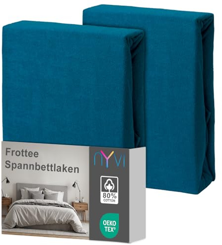 NYVI Spannbettlaken DreamScience Frottee 140x200-160x200 cm Petrol 2er Set für Matratzen bis 22 cm Höhe - Warm und Kuschelig, hohe Feuchtigkeitsaufnahme, schnell trocknend