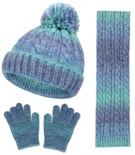 Kunyeah Ensemble bonnet, écharpe et gants pour tout-petits Mitaines tricotées pour enfants Bonnet doublé polaire Cache-cou pour garçons et filles de 3 à 10 ans (Écharpe bleu-vert)