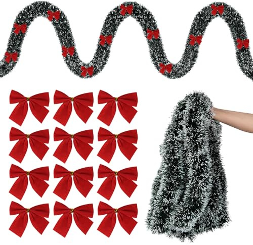 Weihnachtsgirlande Tannengirlande 10M, Girlande Weihnachten Dunkelgrün mit 24 Roten Schleifen, Künstliche Tannengirlande mit Schnee für Outdoor Indoor Treppen Kamin Weihnachtsdeko