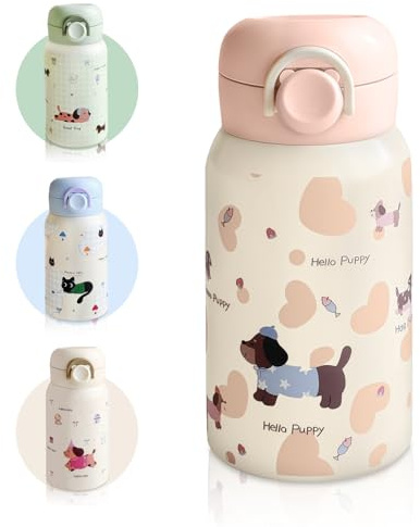 AMFUN 330ML Botella de Agua para Niños de Acero Inoxidable, Botella Termica con Pajita, Cerradura Segura, Reutilizable, Sin BPA, Sin Fugas para Gimna, Exterior, Viajes, Trabajo, Escuela (Rosa)