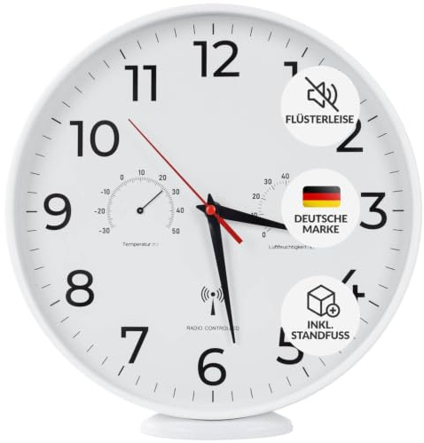LATENO - Funkwanduhr Weiß - zum Aufstellen oder Aufhängen - 30 cm - misst Temperatur und Luftfeuchtigkeit - Funkgesteuert - Wanduhr - Batteriebetrieben - Funkuhr - Küchenuhr Funk - Wanduhr Funk