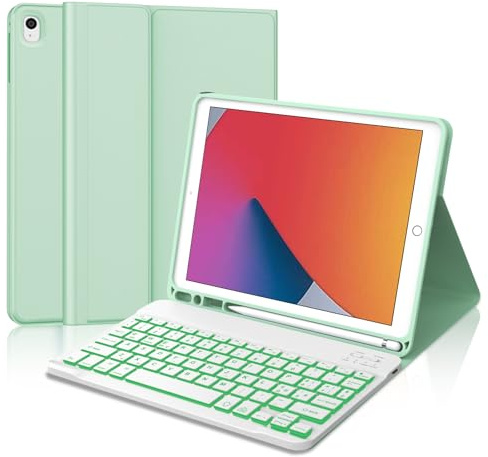 Occtingkind Cover con Tastiera Retroilluminata per iPad 10,2, Custodia per iPad 9a/8a/7a Generazione, Pro 10.5, Air 3, Retroilluminazione 7 Colori Senza Touchpad, Italiano Layout, USB-C, Verde menta