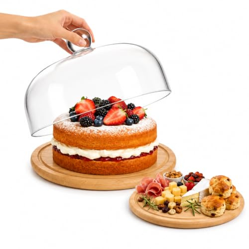 Hemobllo 29cm Bamboo Cake Stand with Glass Dome Lid, Cheese Board | Clear cover for pastries, 11-inch charcuterie serving platter, for afternoon tea, weddings, birthdays and kitchen use