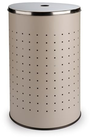 Home4You Wäschekorb mit Deckel und Luftlöchern - Greige, Beige - Edelstahl - 54 L Fassungsvermögen - Ø 35,5 cm - 57,5 cm hoch - Wäschetonne Wäschesammler Wäschebox Wäschetruhe