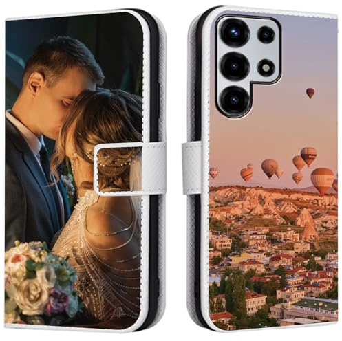CAXKJE Personalised Photo Phone Case for Samsung Galaxy S26 Ultra,Design Your Own Photo Image,Text Phone Case,PU Leather Flip Cover Wallet Case Anti Drop Personalised Case -SAMHD-White