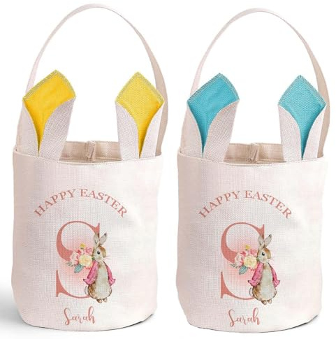 VEELU Personalised Easter Bags Bunny Basket with Name, Custom Easter Tote Egg Basket Bags Gift Baskets for Holiday Celebration Party Favors Gifts for Easter Eggs Hunt (Letter)