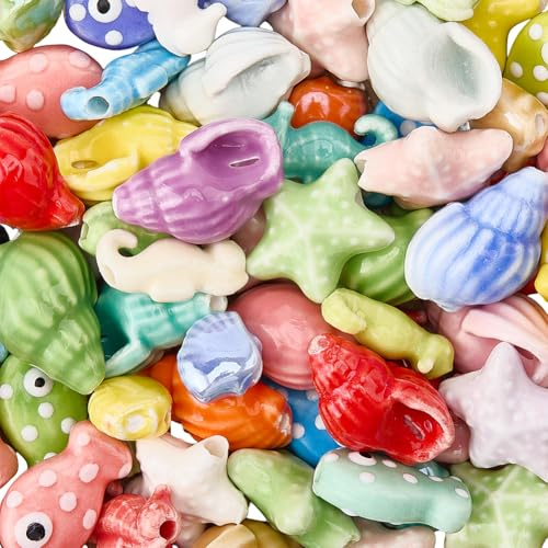 SUNNYCLUE 1 caja de 5 estilos, 80 cuentas de Cerámica Oceánica, Cuentas de Concha de Porcelana, Lindas Estrellas de Mar, Peces, Animales Marinos, Espaciadores Sueltos de Playa de Verano para Hacer Joy