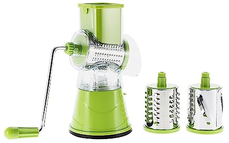 OEBUAFI Trommelreibe, 3 Austauschbare Edelstahltrommeln für Käse, Gemüse, Kartoffeln, Nüsse, mit Ergonomischer Handkurbel und Saugfuß (GREEN)