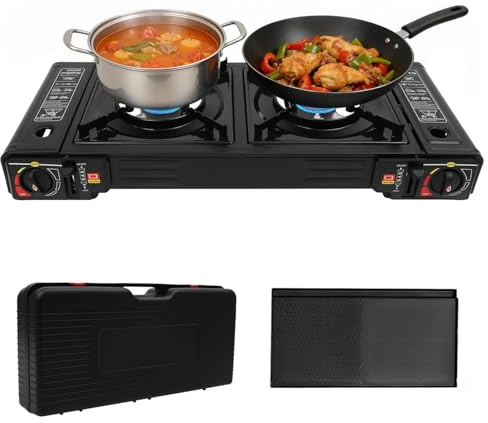 Barbecue à gaz et réchaud à gaz à 2 flammes en acier inoxydable - 2500 W - Réchaud de camping de table, réchaud de camping avec plaque de cuisson/lèchefrite et boîte de rangement - Soupape de