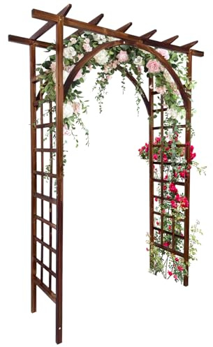 GarveeMore Arche de jardin en bois 85 (env. 7 ft) avec treillis pour plantes grimpantes - Design double (sommet arqué + plat) - Pour allée/patio/mariage - Finition bois carbonisé - Flat top + arched,