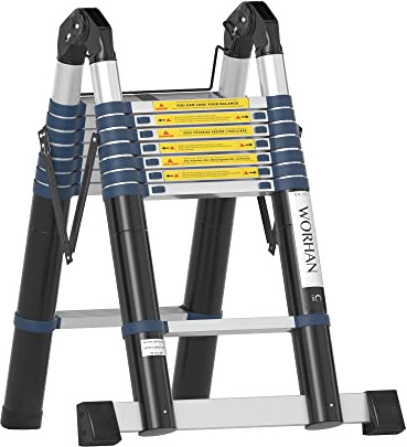 5m Escalera Doble Telescopica WORHAN Pro Multiuso WORHAN Multifuncional Plegable Tijera Aluminio Anodizado Nueva Generación Calidad Alta 500cm K5C