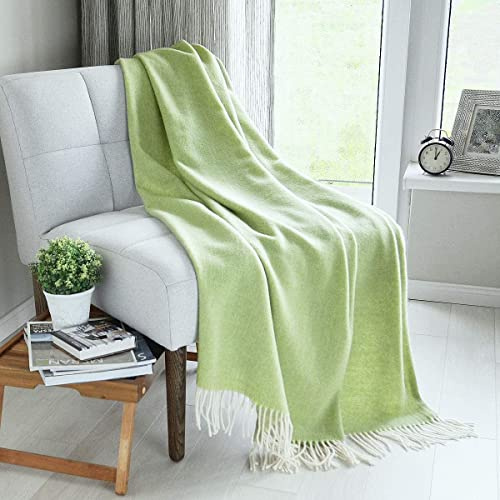 Linen & Cotton Klassisk Högklassig Filt Ullfilt Merino Stonewold med Fiskbensmönster - 100% Merinoull, Ljusgrön Grön (140 x 200 cm) Pläd Ullpläd Överkast Soffa Säng Sofffilt Mysig Filt Dagfilt Lammull