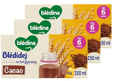 Blédina Blédidej - Céréales bébé Lactées Cacao - Dès 6 Mois - 12 briques de 250mL (L'emballage Peut Varier)