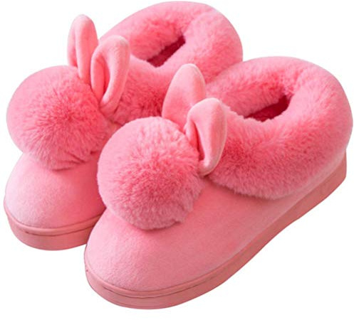 JMAHM Home Shoes Baumwolle Hausschuhe Memory PVC Damenschuhe Plüsch Kaninchen Pompon rutschfest Indoor und Outdoor