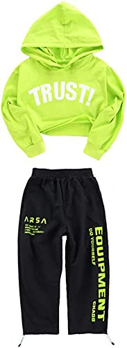 LOLANTA Barn hiphop kostym street dance outfit huvtröja grön och joggingbyxor träningsoverall (grön, 11–12 år)