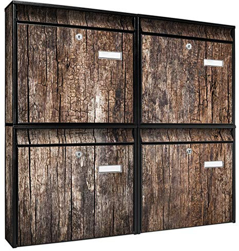 banjado Briefkastenanlage 4 Fach - Postkästen groß - verzinkter Stahl schwarz DIN A4 Motiv Altes Holz - Briefkasten Set 4 Briefkästen Namensschild, 2 Schlüssel, Montagematerial