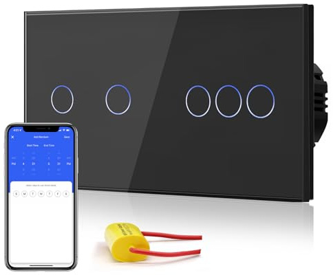BSEED Interruptor de Luz Táctil WiFi Inteligente,Panel de Cristal,Compatible con Alexa, Smart Life y Tuya (No Necesita Cable Neutro),2 Gang 1 Vía + 3 Gang 1 Vía,157mm Negro