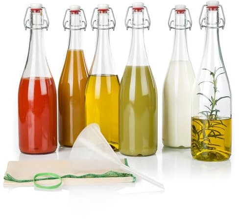6er Set Bügelflaschen 750ml Glasflaschen mit luftdichtem Bügelverschluss | Gär-Set Fermentation & Getränke | Inkl. 10 cm Trichter, 50x50 cm Tuch, Porzellanklemme | Ideal für Kombucha & Saft