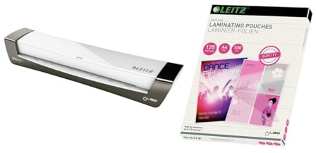 Leitz A4 Laminiergerät, Für 80 bis 125 mic Laminierfolien, inkl. Laminierhüllen Starterkit, schnelles Laminieren, ideal für den Einsatz in Büro & Schule, Weiß/Silber, iLAM, 72510084