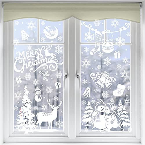VEYLIN Xmas Window Clings Decoration, 141 Static Snow Flakes Stickers Merry Christmas Window Stickers Decals for Christmas Party Supplies (8 Sheets)