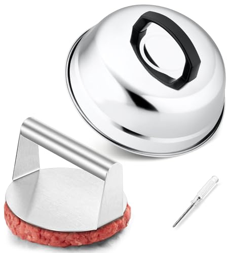 HaSteeL 9In Melting Dome & 5.5In Burger Press, Stainless Steel Small Basting Cover with Round Bacon Press, Metal Griddle Accessories Set for Flat Top Teppanyaki Hibachi Grilling Cooking Steaming BBQ