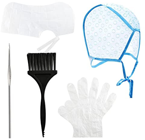 MenYiYDS 5-teiliges Haarfärbeset, DIY-Haarfärbewerkzeuge, Haarfärbepinsel, Hervorhebungskappe, durchsichtige Handschuhe, durchsichtiger Schal, Häkelnadel