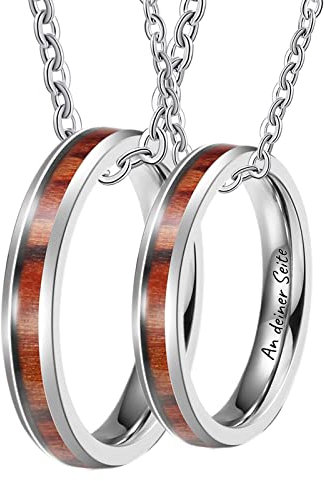 Bishilin Paar Halskette mit Gravur EIN Leben lang an deiner Seite, Pärchen Kette Edelstahl 4MM mit Holz Ring Anhänger Charms Partnerketten für Sie und Ihn