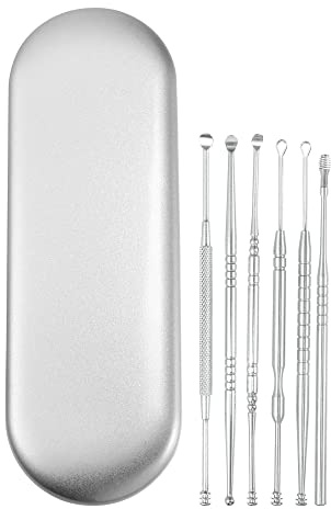 VOCOSTE Ohrenreiniger-Set Silber 6 Stück Ohrenpflege Edelstahl | Mit Aufbewahrungskoffer, Rutschfestes Design, Ergonomisches Design, Abgerundete Spitzen, Hochwertig