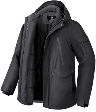Pioneer Camp Manteau Homme Hiver Imperméable Doublé Polaire Chaud Veste avec 9 Poches Capuche Coupe-vent Isolée Homme Jacket Parka Noir L