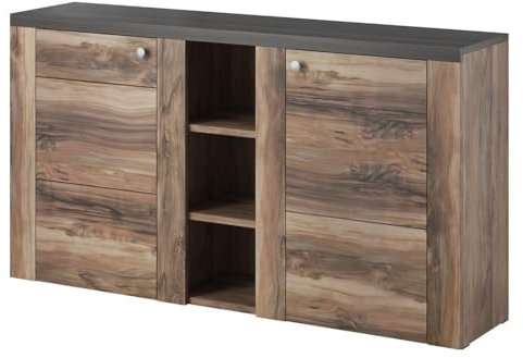 Meublorama Buffet diseño 155cm para salón Color Nogal y Negro Efecto Madera colección Santiago.