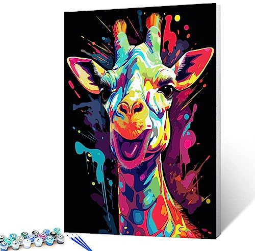 Tucocoo Bunte Giraffen-Malen-nach-Zahlen-Sets mit Pinseln und Acrylpigment auf Leinwand, Gemälde für Erwachsene, realistischer Cartoon-Graffiti-Stil für Zuhause, Wanddekoration 40x50 cm (DIY gerahmt)