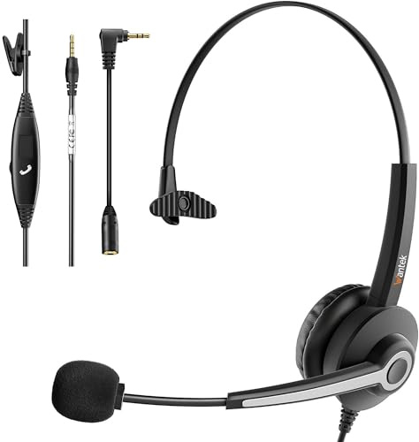 Wantek 681N Cuffie Mono con Microfono Cancellazione del Rumore 3.5mm Jack Plug 2.5mm Adattatore per Call Center Computer PC Portatili Tablet Ufficio Telefoni fissi