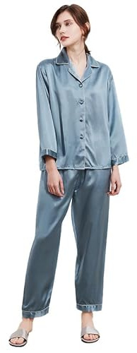 Ginell Tranquility Series - Conjunto de pijama de seda para mujer, 100 % seda de morera, colores lisos, botones frontales, conjunto de pijama de 2 piezas, Azul , M