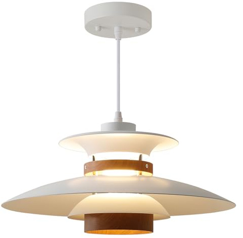 Kaj Hejmo Modern Decor Adjustable Pendant Lamp Kitchen Island, Aluminum and Wood Finish,1-Light E27 Base Ceiling Hanging Light for Dining Room Shop Canteen (40cm, White+Dark Wood Grain)