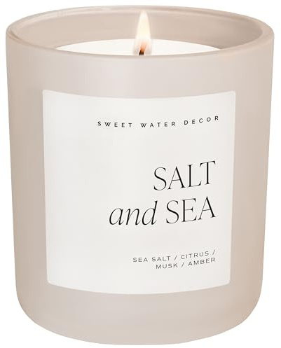 Sweet Water Decor Salt and Sea Soy Candle - Sea Salt, Citrus, Musk, and Amber Scented Summer Candles for Home - 15oz Tan Matte Jar, 70+ Hour Burn Time, Made in The USA - Beach Candles and Decor