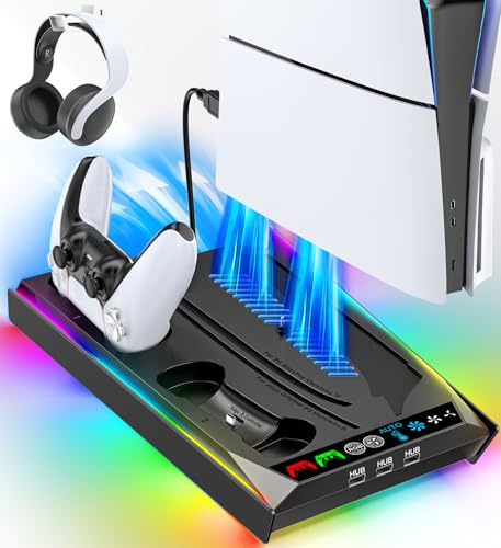 PS5/Slim/Pro Ständer für Disc & Digital, 3-stufiger Auto PS5 Lüfter und RGB LED mit PS5 Controller Ladestation für PS 5 & Edge Controller, PS 5 Zubehörsets mit 3 Ladeanschlüssen, Schwarz