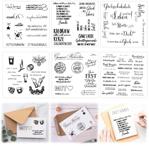 SLTAXAR 6 Blätter Silikon Stempel set Deutsch Silikonstempel Sprüche Deutsch 14*14cm Silikon Stempelset Sprüche Geburtstag Clear Stamp Deutsche Texte Glückwünsche Clearstamps Ostern für Kartenbasteln