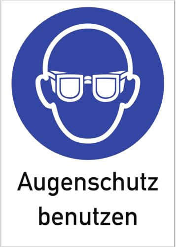 Dreifke® Aufkleber (Folie) Augenschutz benutzen, 13,1x18,5cm (BxH), Folie selbstklebend, 1 Stück, Gebotszeichen (M004) gem. ISO 7010 mit Text: Augenschutz benutzen