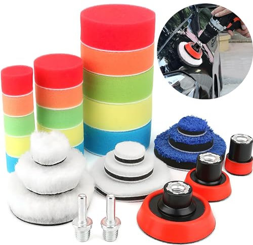 XFLYP 29PCS Car Polishing Pads, Drill Polishing Sponge and Pad Set for Drill, Car Polishers and Buffers Sponges Wool Buffing Pads, Wool Polishing Buffing Pad Kit for Auto Polisher, Sanding, Waxing