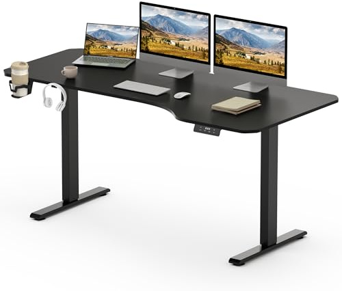 SANODESK Bureau Assis Debout Électrique 160x75cm, Bureau Debout Réglable en Hauteur avec Crochet/Porte-Bouteille Fonction Mémoire, Fonction de Rappel de Sédentarité, Noir