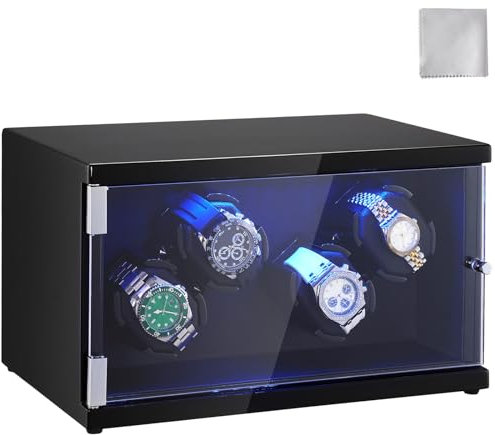 VEVOR Caricaorologi, Caricaorologi per 4 orologi automatici da uomo e da donna, con 2 motori giapponesi super silenziosi, luce LED blu e adattatore, guscio ad alta densità e PU nero