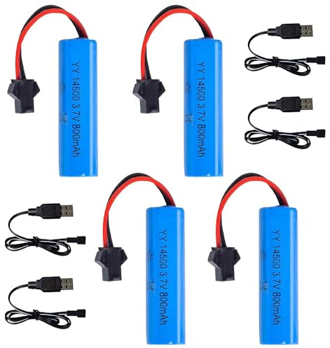 Hojalis 3.7V 800mAh Li-ion Battery, 4 Pcs RC Rechargeable Batteries with Usb Charger SM-2P Plug Connector, Universal Lithium Battery for RC Car Off Road Truck Jumper Vehicle Drift Monster Toys