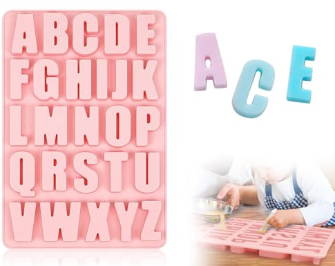 Lhbwhiz Stampo in Silicone per Lettere,Stampo in Silicone per Alfabeto Grande A-Z,stampi in Resina epossidica,stampi da Forno,Stampo per Blocchi di Ghiaccio con Motivo Alfabeto a 26 cavità(Rosa)