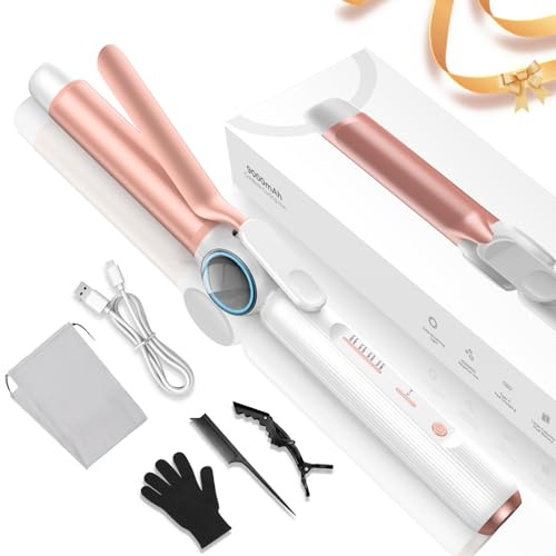Lockenstab Kabellos 28mm, UKLISS 9000 mAh Reise Lockenstab Ohne Kabel, Tragbarer Lockenstäbe USB Aufladbar, Kabelloser Hair Curler 140–200 ℃ (Rosa Weiß)