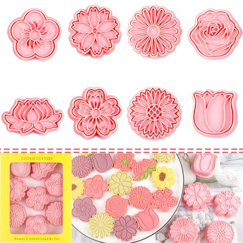 BESEK Flower Cookie Cutters: 8 pcs Flowers Cookie Cutter, Spring Flowers Cookie Stamps for Biscuit Fondant Cheese Baking, for Kids & Adults