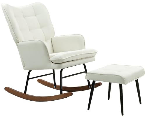 HOMCOM Schaukelstuhl Armlehnsessel, bis 130 kg Belastbarkeit, Cremeweiß | Schwingsessel mit Hocker, Sessel mit Leinenoptik, Schaukelsessel, für Schlafzimmer, Wohnzimmer