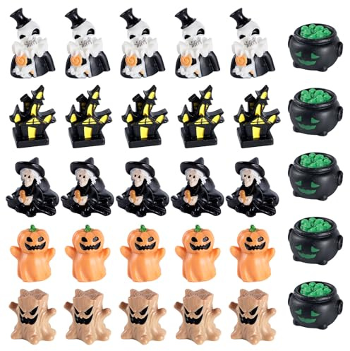 30 Stück Halloween-Ministatue, Halloween-Miniaturdekoration Kleines Halloween-Harzornament Winziges Harzkürbis-Halloweendekor für Selbstgemachte Mikrolandschaften