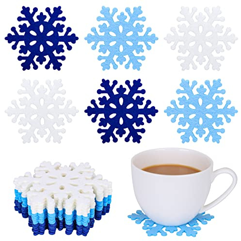 JarThenaAMCS 15Pcs Winter Snowflake Felt Coaster Blue White Snowflake Drink Coaster Christmas Heat Resistant Tea Coffee Cup Mat for Xmas Holiday Decor Supplies